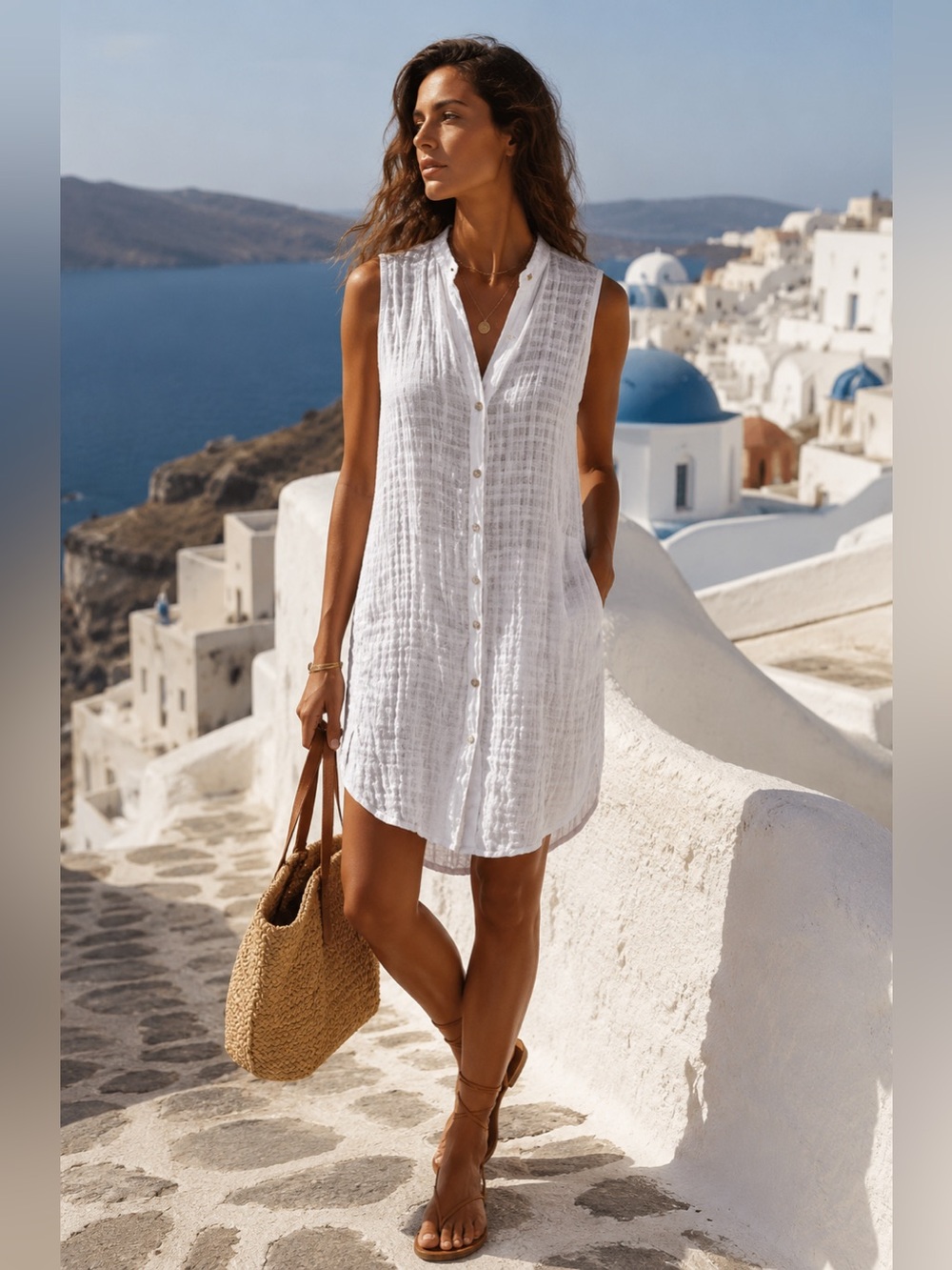 Eileen Fisher | White 100% Linen Sheer Button Down Sleeveless Dress - Size XS